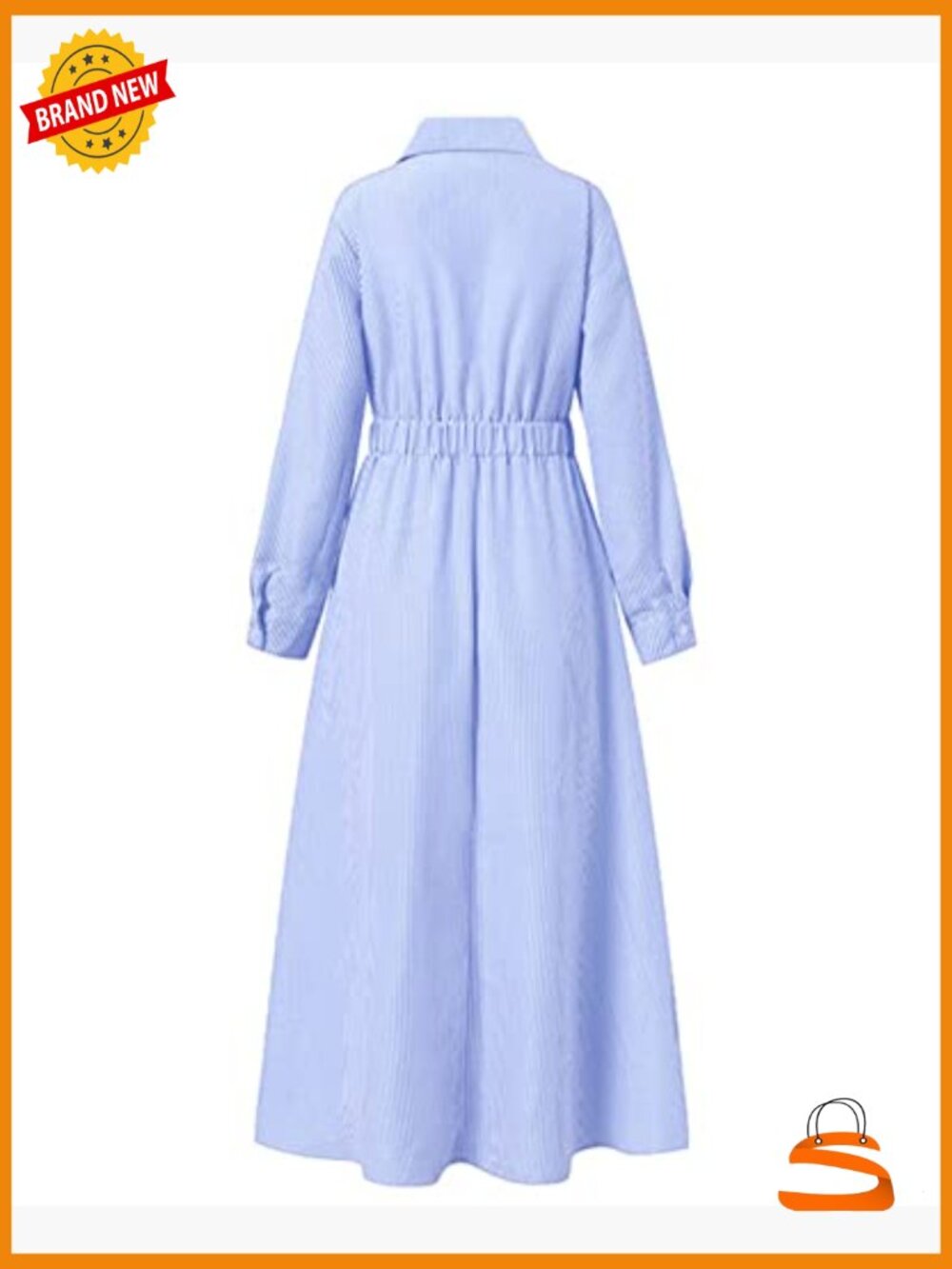 Elegant Striped Shirt Midi Dress Button Down Long Sleeve A-Line Wedding Guest - Picture 5 of 7